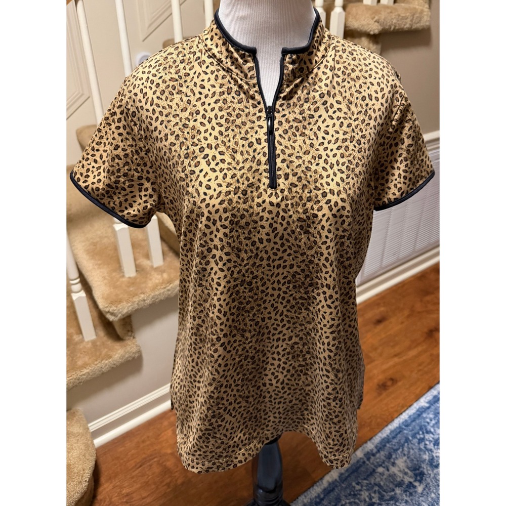 EP Pro Tour Tech Womens Leopard Print Quarter Zip Golf Polo Shirt Brown Large